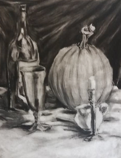 fall sill life, wine bottle and gourds