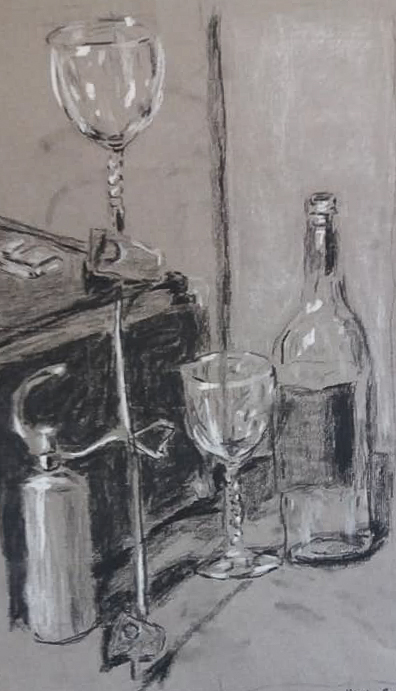 Still life charcoal whine bottle and glasses