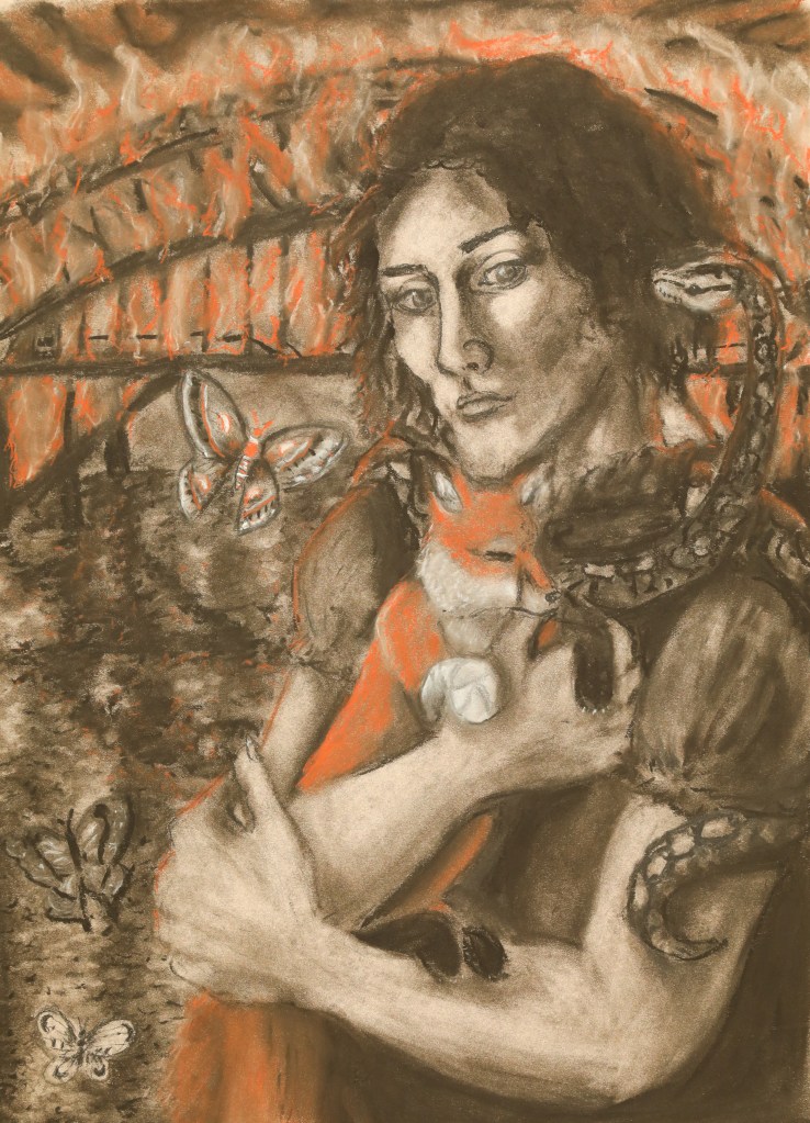 Self portrait symbolic fair skinned woman with dark curly chin length hair holding a fox and a snake before a bridge surrounded with butterflies