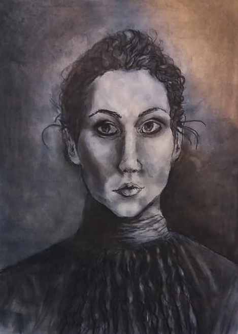 Self portrait in charcoal, fair skinned woman with dark eyes and pulled back dark hair