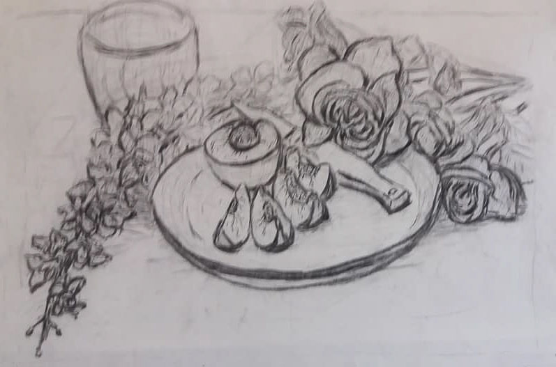 pencil drawing of a cut peach on a plate with a paring knife surrounded by hyndragea and a rose blossom