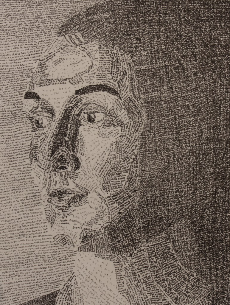Ink self portrait of a woman created by tiny text creating a letter