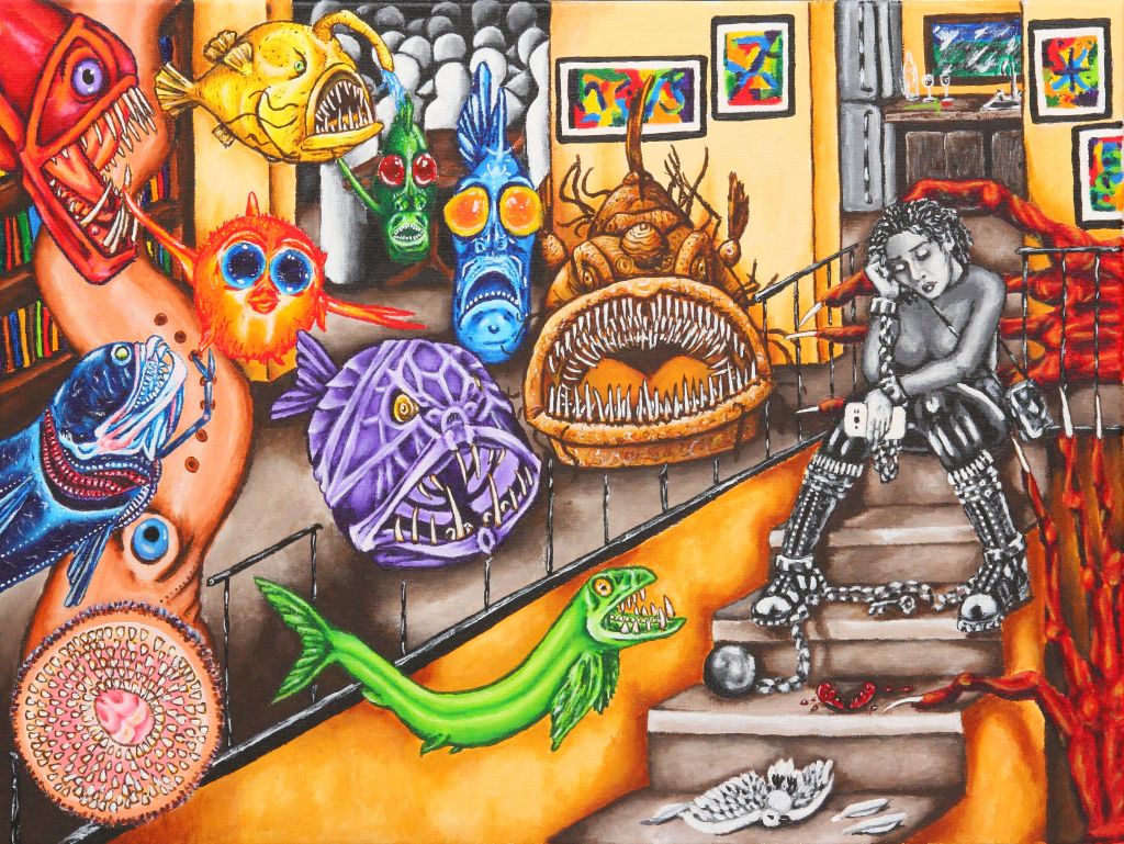 Brightly colored deep sea fish float in the air in a modern 2010s house, a woman in greyscale sits slumped on the stairs