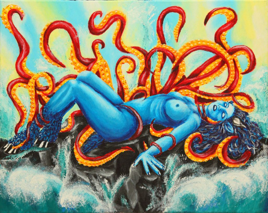 Blue nude horned woman with goat feet lying on a rock splashed by ocean waves and entwined with red and orange tentacles