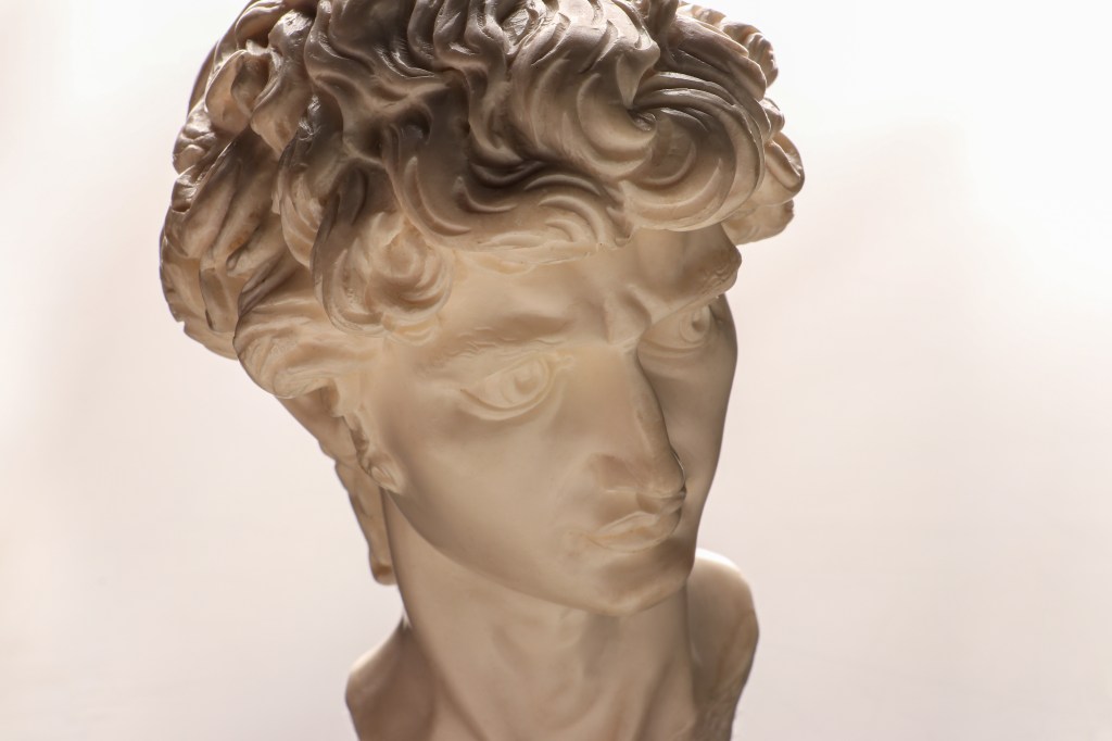 White stone bust of David by Michelangelo on a white background
