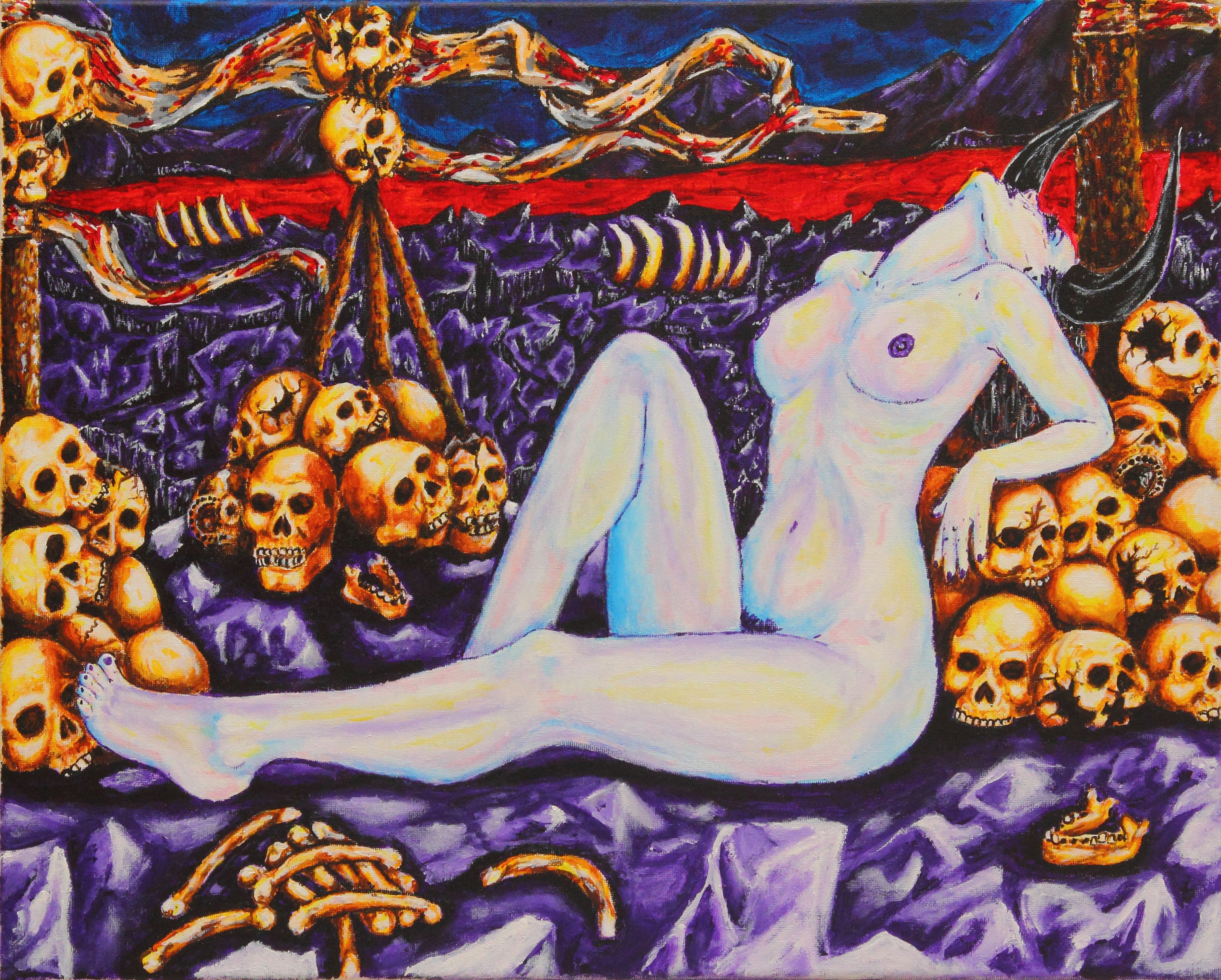 Painting of an opalescent female demon with black horns reclining on a pile of skulls with a red river in the background.