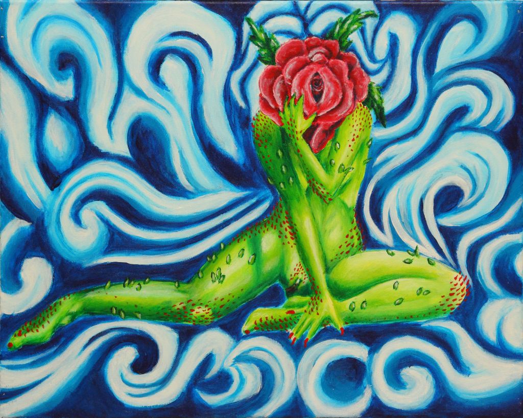 Nude green plant woman with red thorns and a red rose head on a blue abstract cloud background