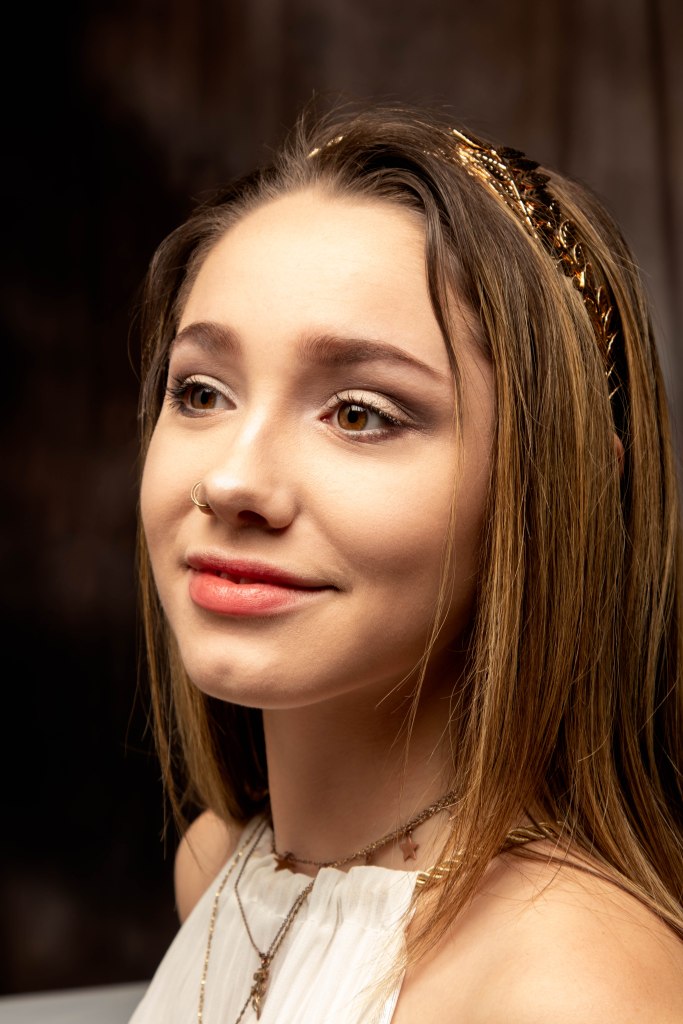 fair girl with long straight golden brown hair in gold jewelry and a white dress, aphrodite